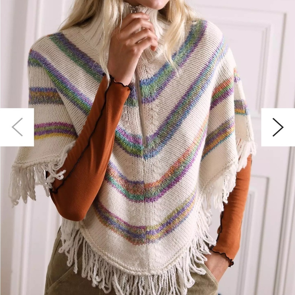 Urban Outfitters High Neck Stripe Zip Cape Fringe Sweater Shawl Cozy Boho